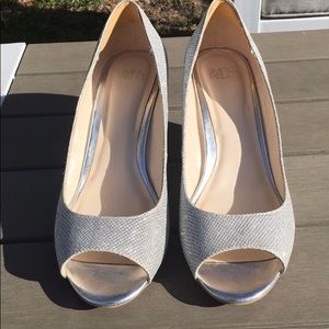 David’s Bridal Silver peeptoe wedge